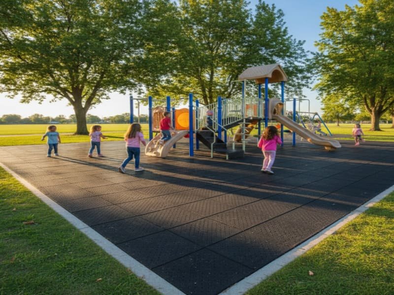 Eine Person, die einen Laubbläser benutzt, um einen Spielplatzbelag aus Gummifliesen zu reinigen.